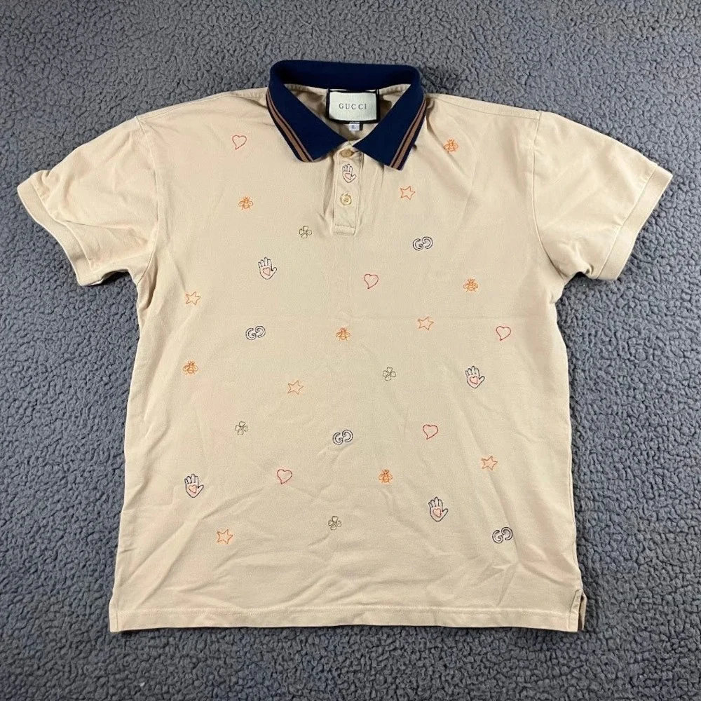 Gucci Mens XL Beige Embroidered Bee GG Logo Polo Shirt